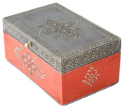 Hand Painted Wooden Jewelry Box In Orange And Grey And