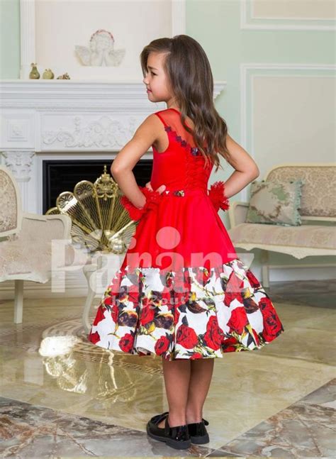 Soft Red Tea Length Rich Satin Party Dress For Girls With