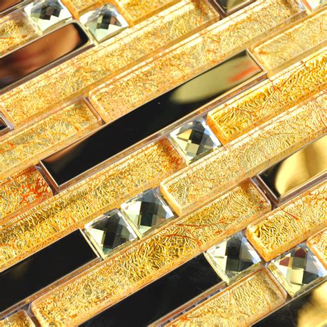 Metal Glass Tile Backsplash Gold Stainless Steel Gold Crystal Glass Diamond Mosaic