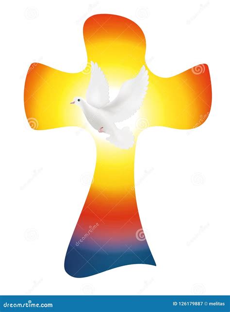 Isolated Christian Cross With Dove On Sunset Or Sunrise Background