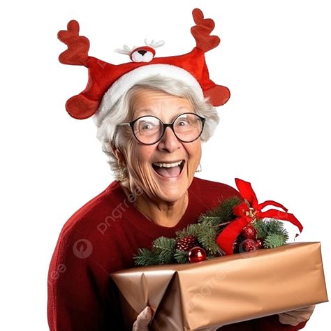grandma wearing deer christmas hat christmas presents in hands old granny mature elderly woman