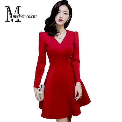 Short Red Dresses For Woman 2016 Autumn And Winter New Fashion V Neck
