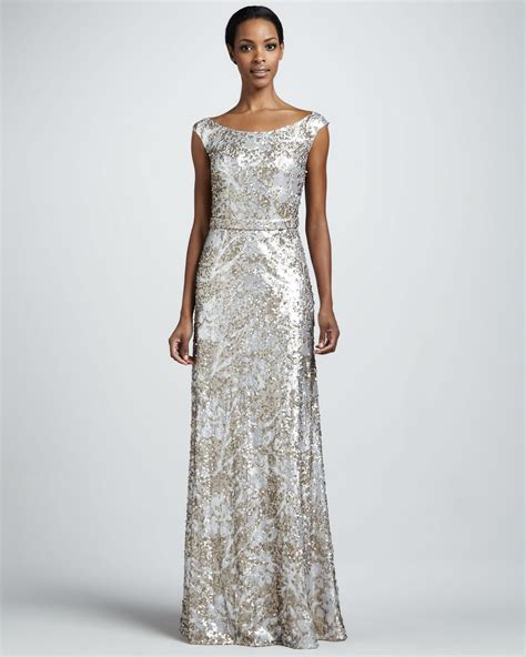 Silver Champagne Sequin Long Wedding Guest Dress