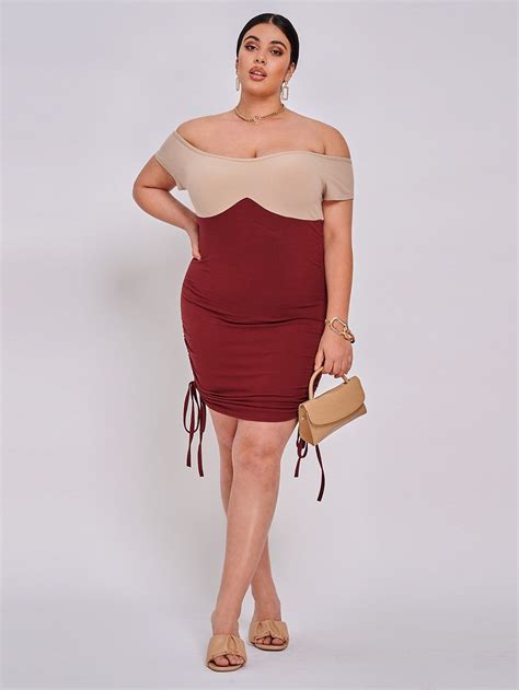 Plus Two Tone Drawstring Side Bardot Bodycon Dress I Discovered Amazing