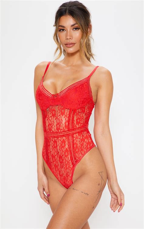 Red Lace Cupped Stripe Lace Body Lingerie Prettylittlething Ca