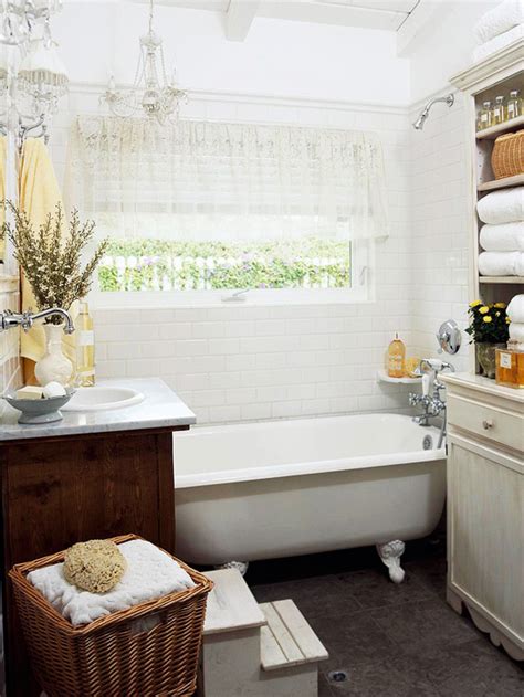 Inspiration for a small cottage master white tile and mosaic tile marble floor bathroom remodel in kansas city with open cabinets, white walls and a vessel sink love everything about this one: Clawfoot Tub bathroom Design - Cottage - bathroom - BHG