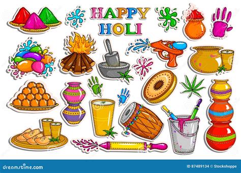 Sticker Collection For Holi Holiday Celebration Object Stock Vector