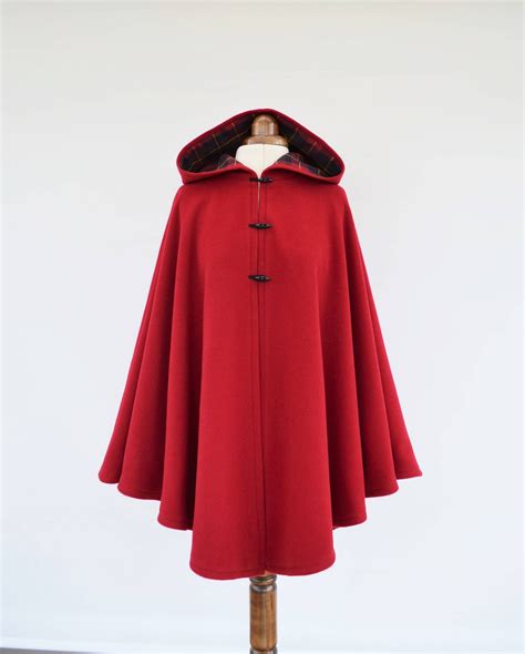Red Tartan Lined Cape Coat Wool Hooded Cloak Red Wool Poncho Etsy