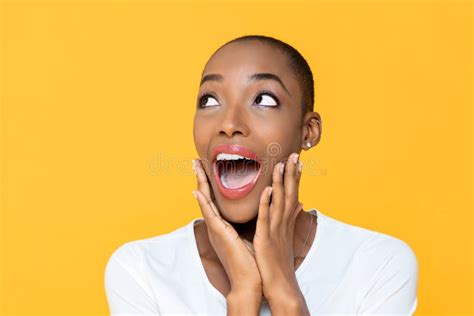 Surprised Beautiful African American Woman Gasping And Looking Up Aside Stock Image Image Of
