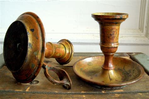 Antique Tarnished Brass Chamber Candlesticks Rustic Primitive