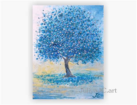 Tree Painting Original Art Blue Tree Artwork Landscape With Etsy