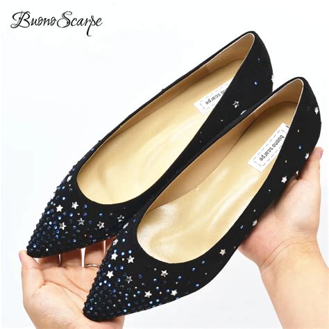 Buonoscarpe Crystal Star Shining Flat Shoes Pointed Toe Strass Single