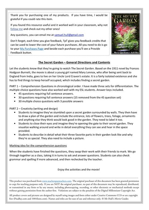B) write the sentences in the plural. The Secret Garden Movie Guide + Activities - Answer Keys ...