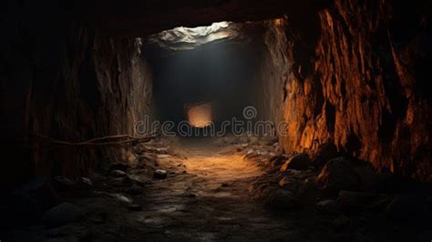Golden Light A Photorealistic Depiction Of An Underground Cave Tunnel