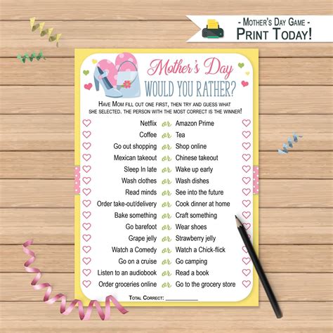 Mothers Day Game Would You Rather Game Printable Mothers Day Party