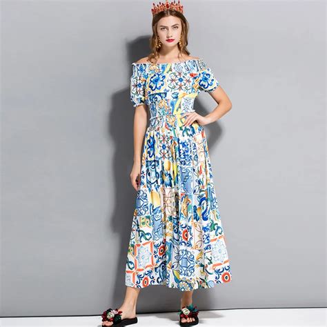 New Arrival Womens Slash Neckline Short Sleeves Elastic Waist Floral Printed Summer Dresses