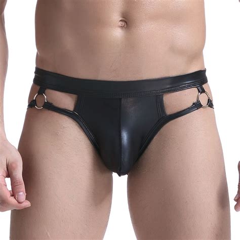 Mens Thongs Faux Leather Lingerie Briefs Hollow Underwears Backless