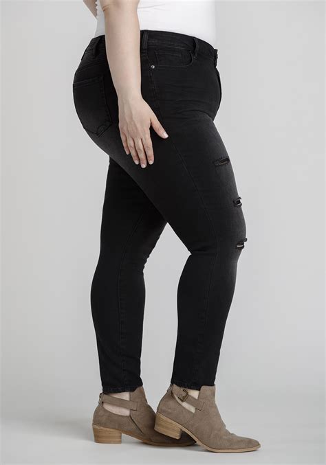 Womens Plus Size Black Distressed Skinny Jeans