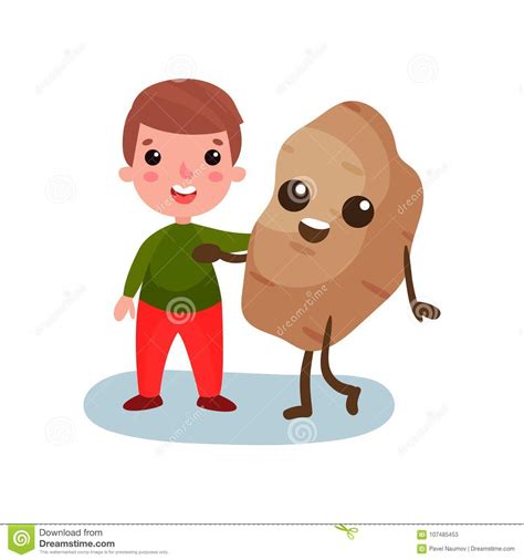 Happy Little Boy Hugging Giant Potato Vegetable Character Best Friends