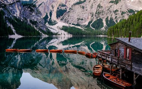 Download Wallpaper 3840x2400 Lake Mountains Pier Boats Landscape 4k
