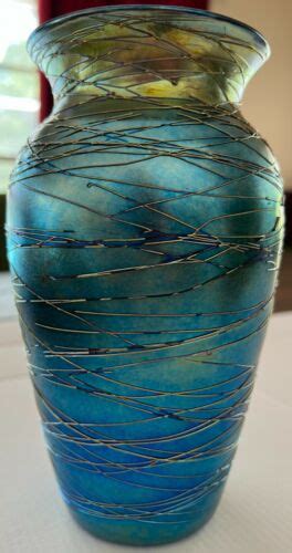 Signed Victor Durand Blue Iridescent Threaded Art Glass Vase Ebay
