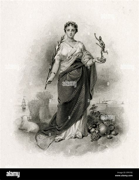 Antique C1870 Steel Engraving Of Lady Columbia Representing The Return