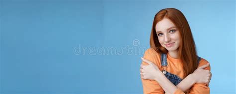 Romantic Sensitive Flirty Young Redhead Girlfriend Feel Warmth Embraces Hugging Herself Hands