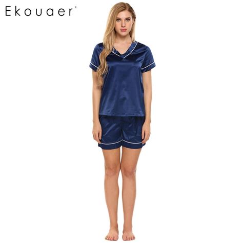Ekouaer Women Satin Pajamas Set Short Sleeve Top Elastic Waist Shorts