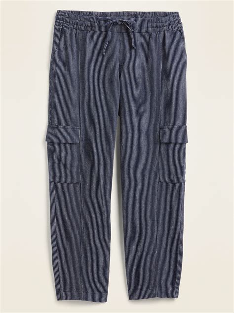 Mid Rise Pinstriped Linen Blend Cargo Pants For Women Old Navy