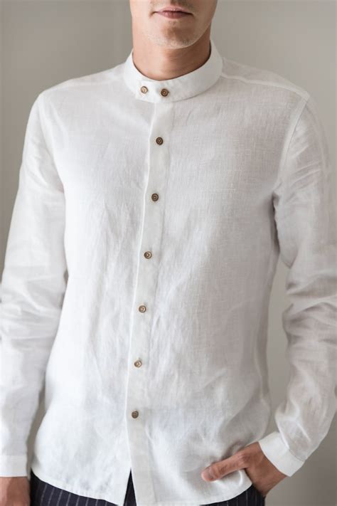 Mens Linen Shirt Band Collar Shirt White Linen Dress Shirt Etsy Uk