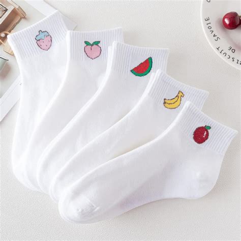 1pair Cotton Socks Women Harajuku Cute Kawaii Fruit Socks Korean Style White Ankle Socks For