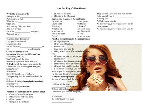 Bmcemand play a video game. Song Worksheet: Video Games by Lana Del Rey