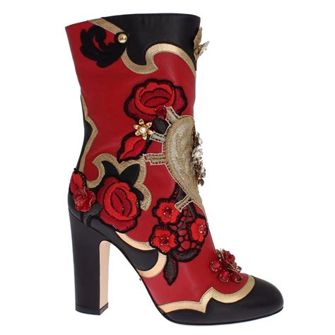 Dolce And Gabbana Roses Embroidered Enchanted Heart Swarovski Crystal Boots