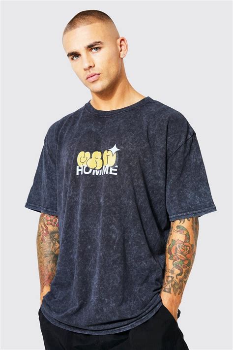 Mens Oversized Extended Neck Washed Print T Shirt Boohoo Uk