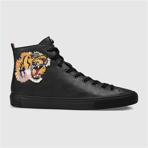 Leather High Top With Tiger In Black Leather With Embroidered Tiger