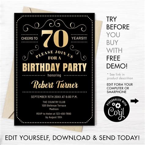 70th Birthday Party Invitation Instant Download Digital Etsy