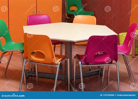 Small Table With Chairs In The Kindergarten Classroom Stock Photo