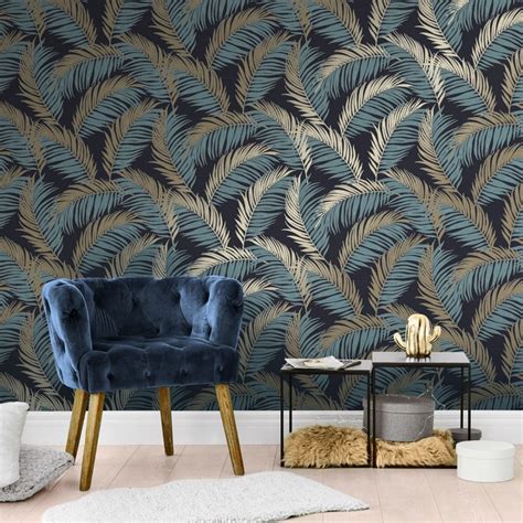 Vivienne Leaf Wallpaper In Navy And Gold Feature Wallpaper Living Room
