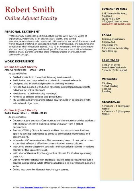 Online Adjunct Faculty Resume Samples Qwikresume