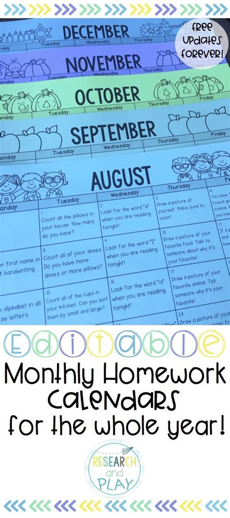 Kindergarten Monthly Homework Calendar Example Calendar Printable