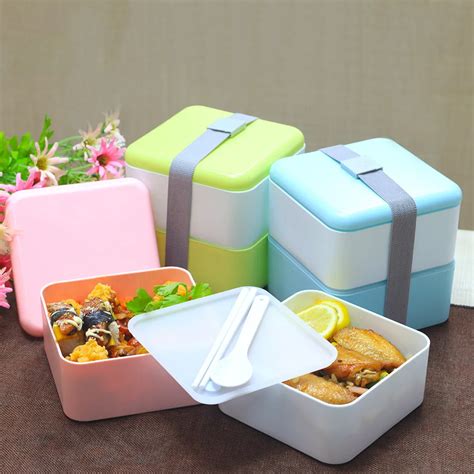 Good Quality Plastic 2 Layers Bento Lunch Box With Spoon Chopsticks