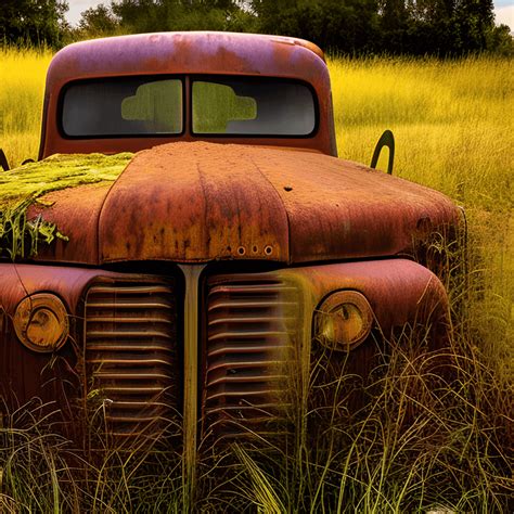 rusty old pickup truck in an overgrown field of grass just before sunset with the sun shining on