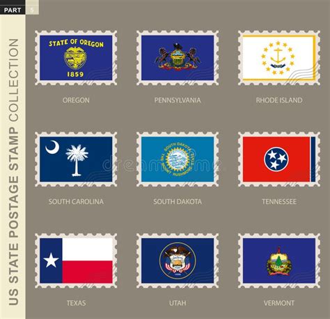 Postage Stamp With Usa States Flag Collection Of 9 Us States Flag