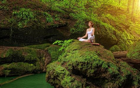 Relaxation In Forest At The Waterfall Ardha Padmasana Pose Yoga