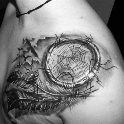The traditional dreamcatcher is a handmade willow hoop with a net woven to replicate a eagle feathers feature prominently on dreamcatcher tattoos, which were revered totems among the native american tribes. 100 Dreamcatcher Tattoos For Men - Divine Design Ideas