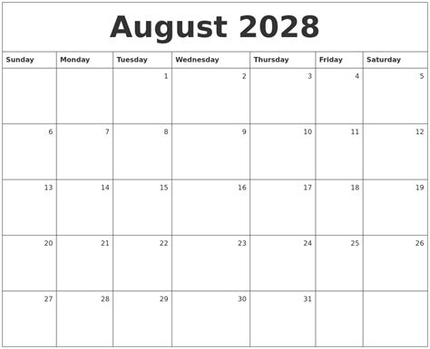 August 2028 Monthly Calendar