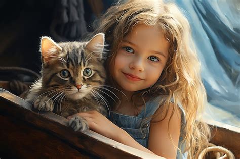 Premium Ai Image A Little Girl Holds A Kitten And Hugs It Cute Girl