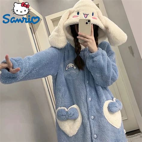 Kawaii Sanrio Cinnamoroll Fleece Nightgown Women Girl Winter Warm