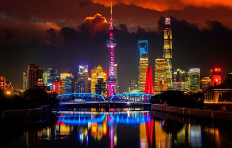 Обои мост река China здания Китай Shanghai Шанхай ночной город