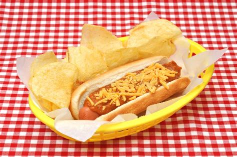 Chili Cheese Hot Dog With Potato Chips Stock Photo Image Of